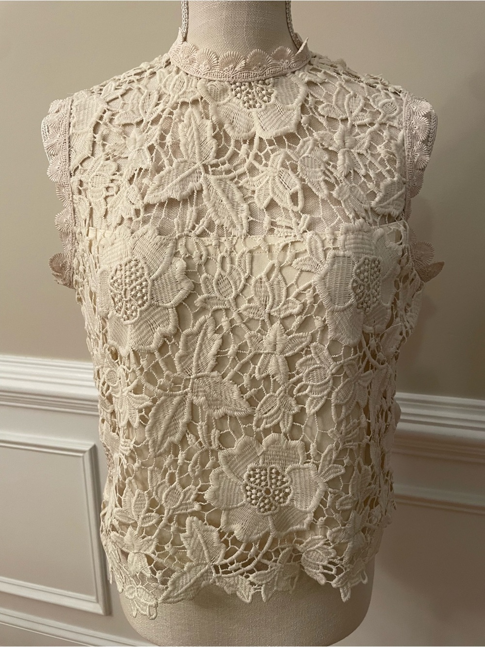 Nanette Lepore Cream Floral Lace Cropped Sleeveless Summer Blouse Size Medium